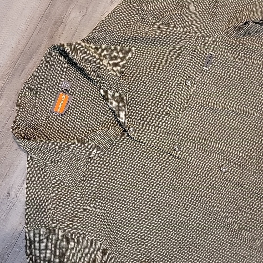 Merrell Shirt Mens Large Green Gray Check Short Sleeve Button Front‎ Lightweight